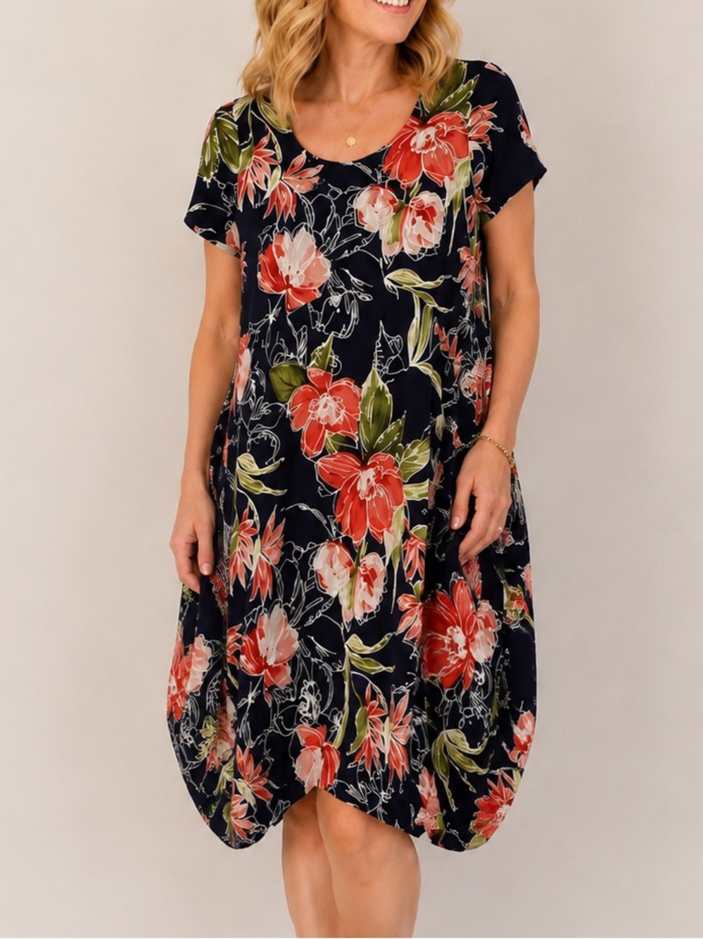 Compli K Made in Canada Floral Handkerchief Hem Dress XS Navy Coral